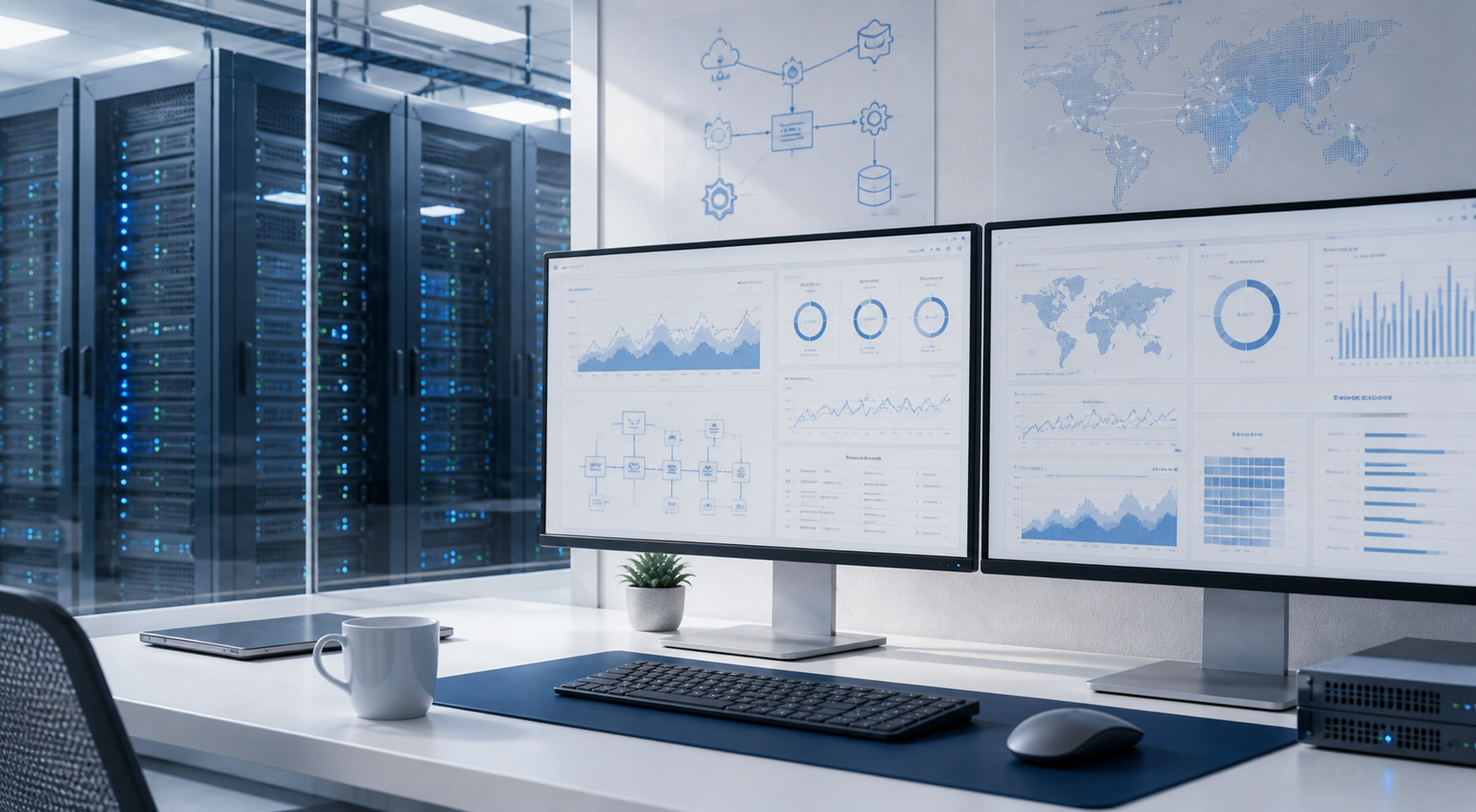 IT-üzemeltetési és fejlesztési dashboard absztrakt vizuális ábrázolása