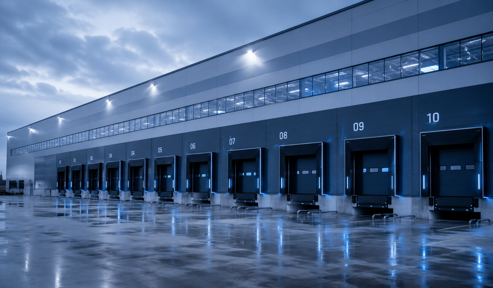B2B 3PL logisztikai szolgáltatói platform vizualizáció raktári kapukkal, készletáramlással, SAP kapcsolattal és IoT felügyelettel